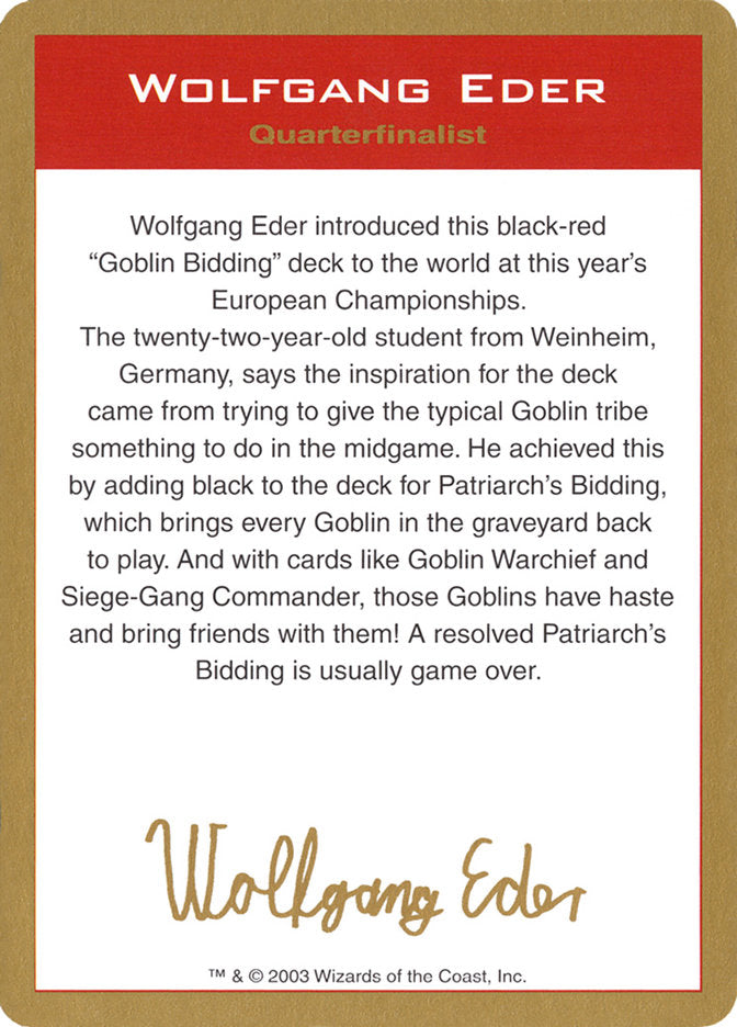 Wolfgang Eder Bio [World Championship Decks 2003] | PLUS EV GAMES 