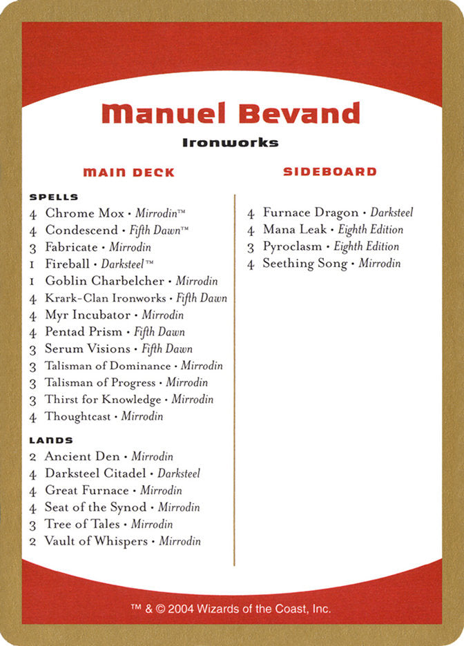 Manuel Bevand Decklist [World Championship Decks 2004] | PLUS EV GAMES 