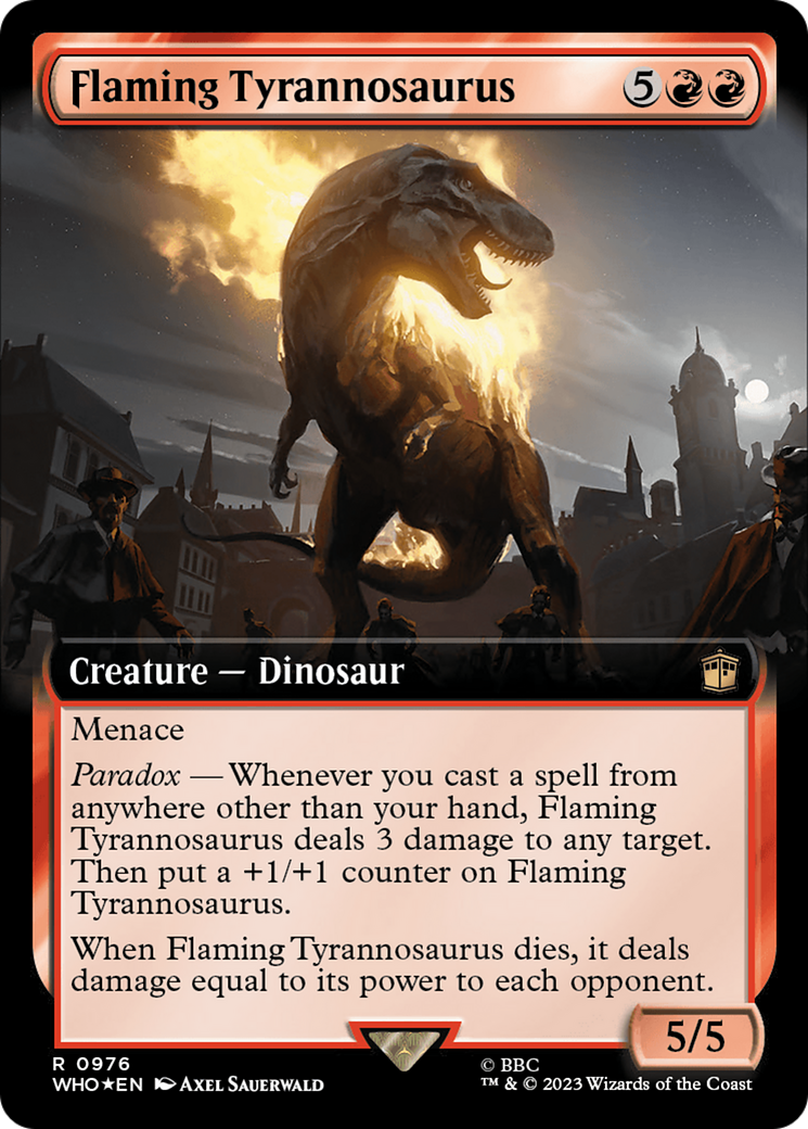 Flaming Tyrannosaurus (Extended Art) (Surge Foil) [Doctor Who] | PLUS EV GAMES 