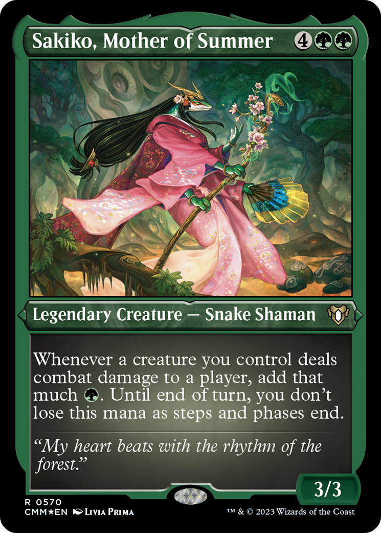 Sakiko, Mother of Summer (Foil Etched) [Commander Masters] | PLUS EV GAMES 