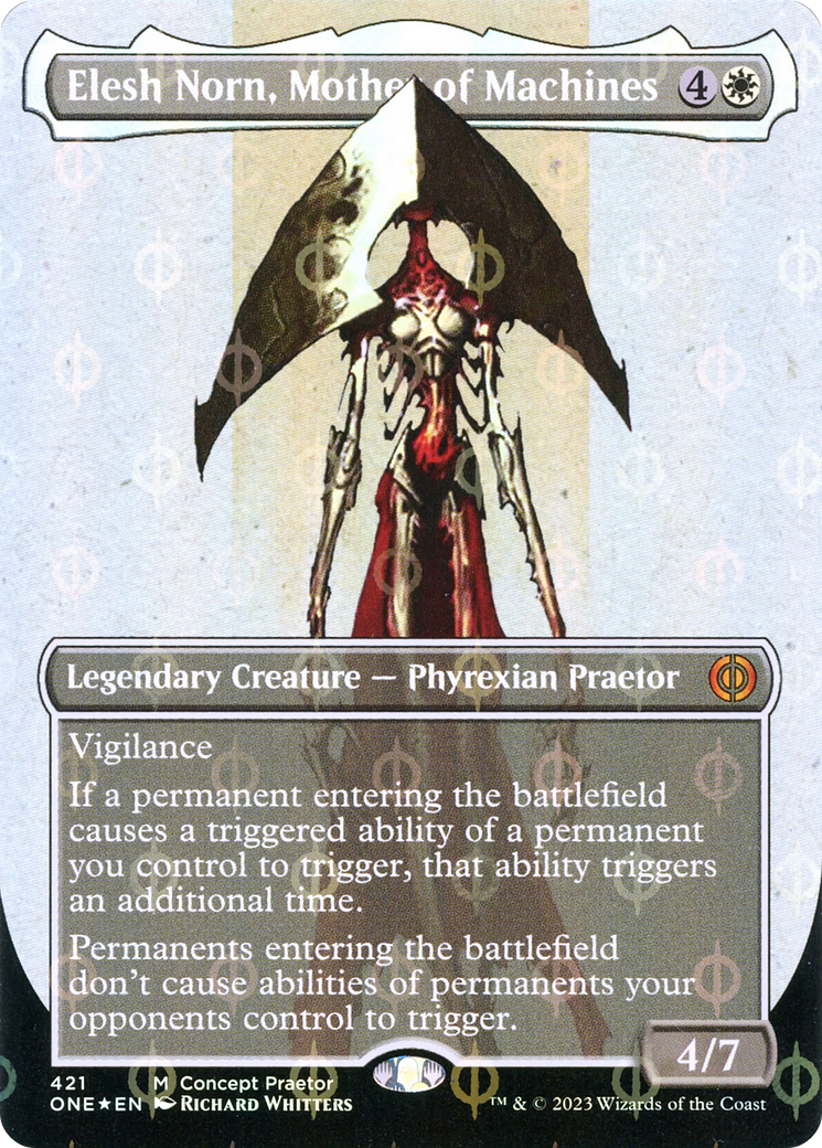 Elesh Norn, Mother of Machines (Borderless Concept Praetors Step-and-Compleat Foil) [Phyrexia: All Will Be One] | PLUS EV GAMES 