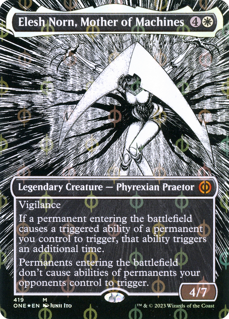 Elesh Norn, Mother of Machines (Borderless Manga Step-and-Compleat Foil) [Phyrexia: All Will Be One] | PLUS EV GAMES 