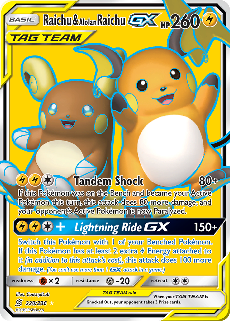 Raichu & Alolan Raichu GX (220/236) [Sun & Moon: Unified Minds] | PLUS EV GAMES 