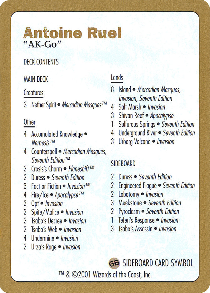 Antoine Ruel Decklist [World Championship Decks 2001] | PLUS EV GAMES 